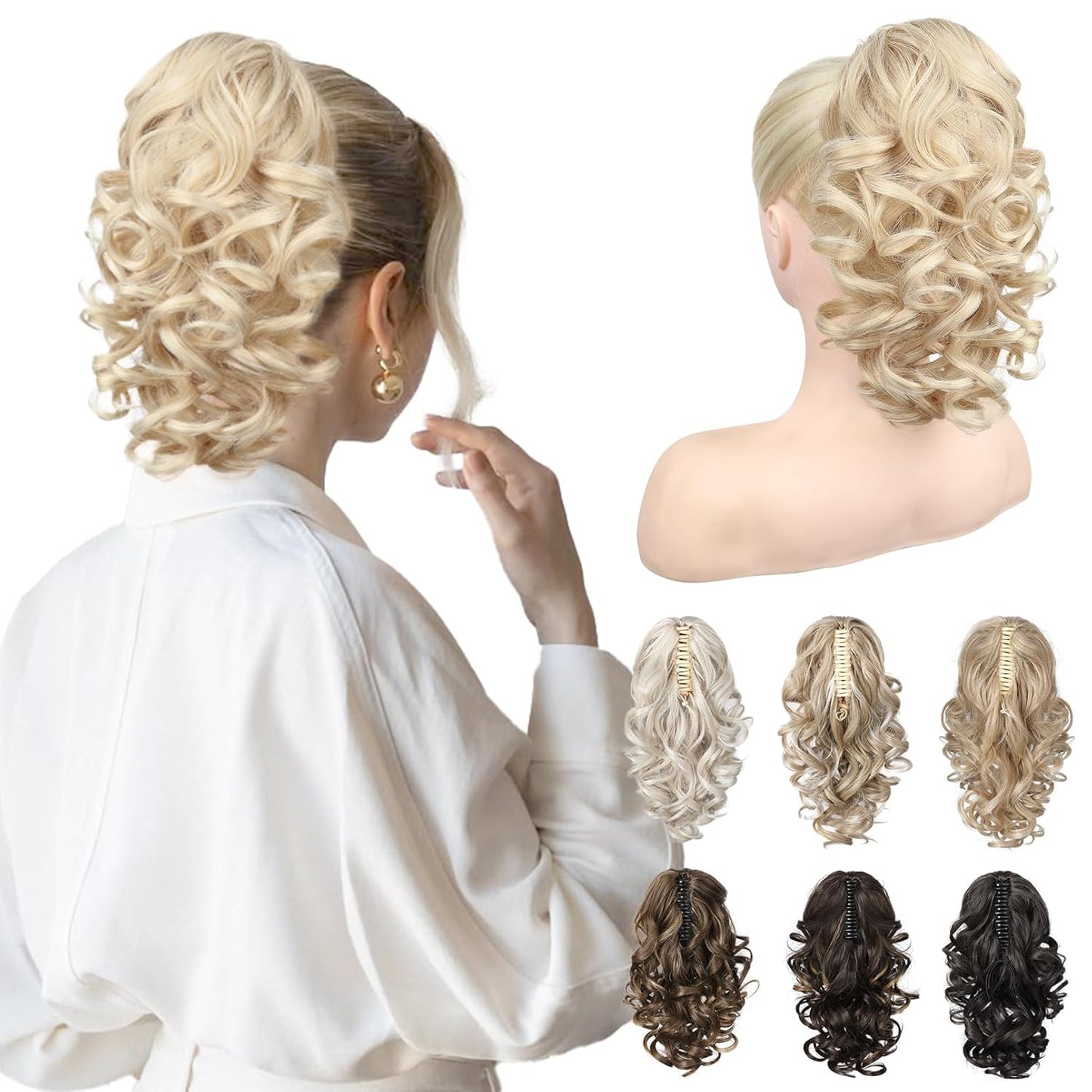 12-Inch Ponytail Extension - Classic Loose Curly Wavy Claw Clip Hairpiece for Women | Medium Blonde