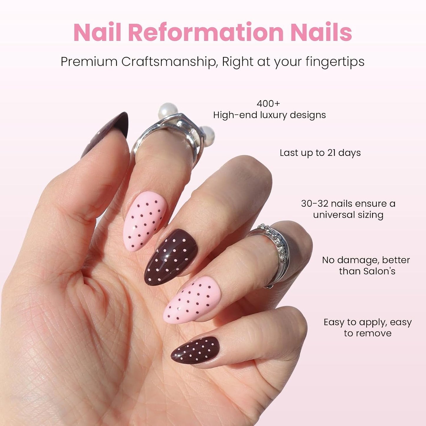 Nail Reformation Press On Nails - Polka Dot Short Almond Fake Nails | Rich Brown & Creamy Pink, Reusable 32 Nail Kit in 16 Sizes