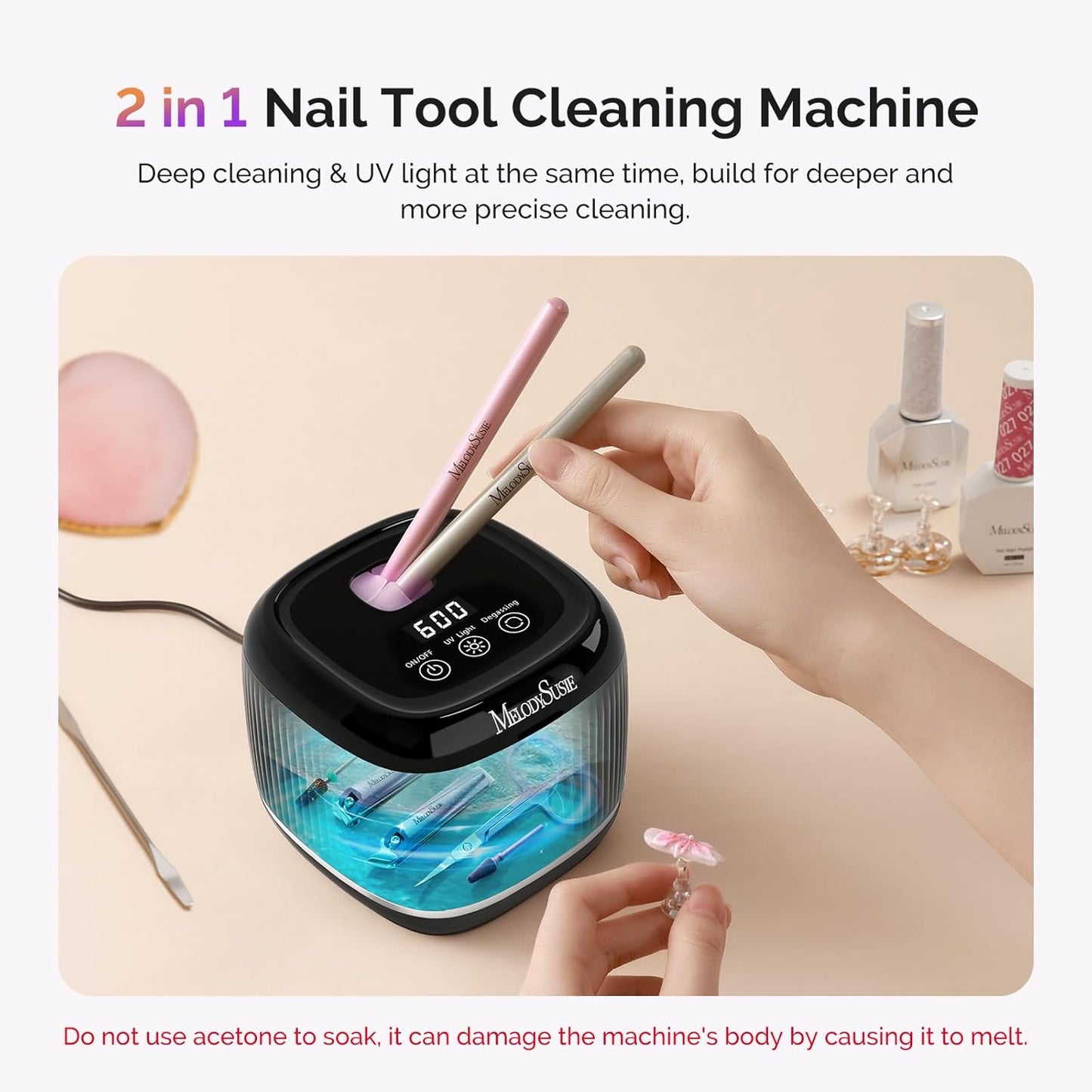 MelodySusie 2 in 1 Nail Tool Cleaning Machine - 3 Timer Modes for Nail Drill Bits & Jewelry Cleaning | Black, DL-160