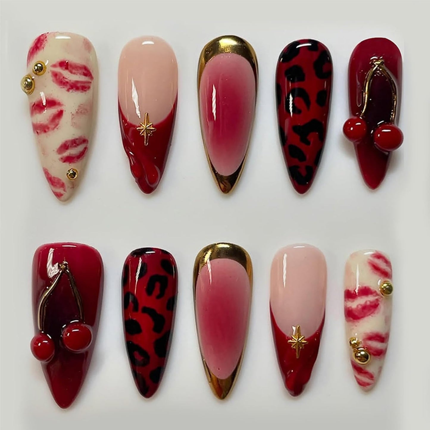 French Tip Press-On Nails - 24 Pcs Medium Almond 3D Flower Design | Glossy Acrylic Full Cover with Gold Pearl Accents