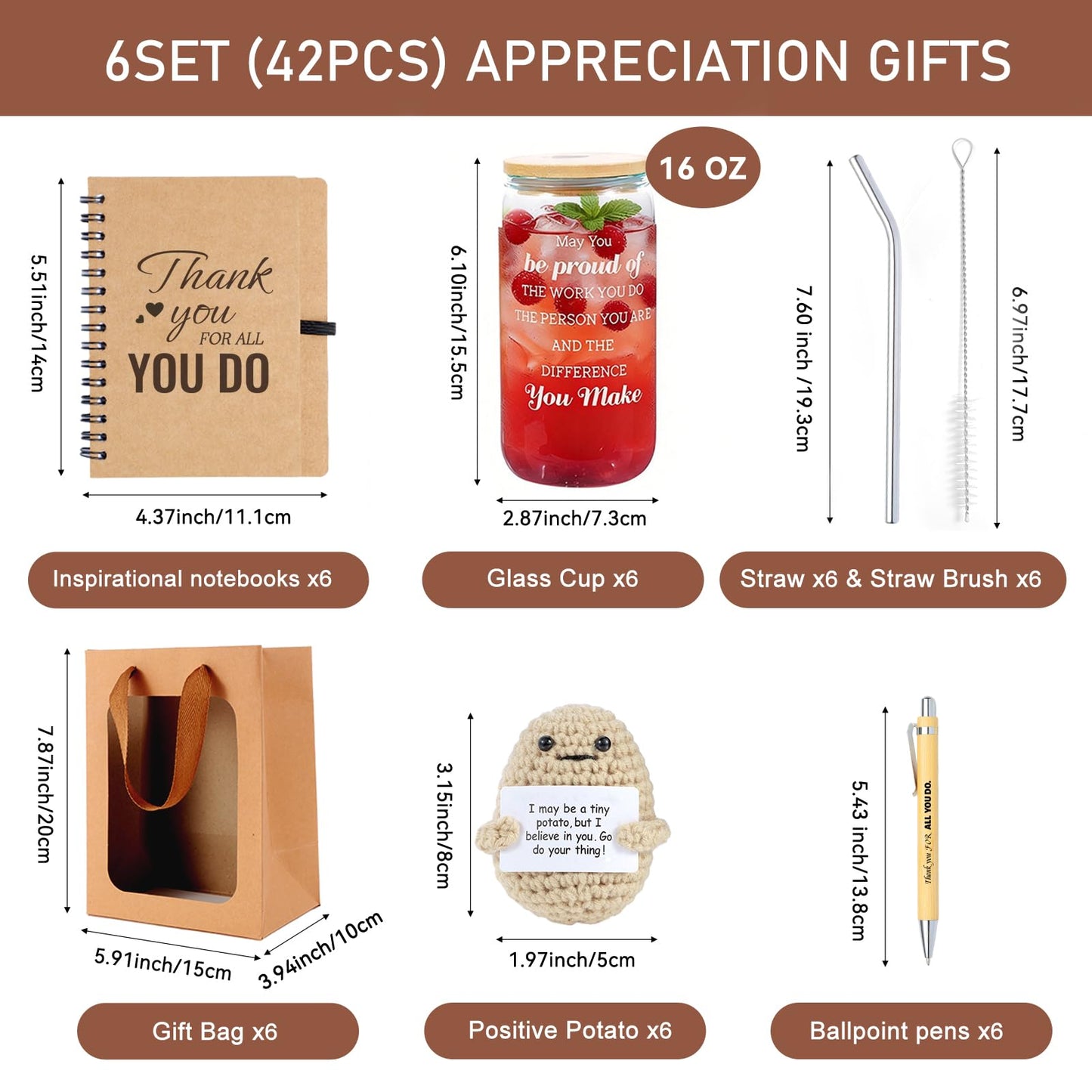 42 Pcs/6 Sets Employee Appreciation Gifts Bulk - Includes 16oz Glass Cups with Bamboo Lid, Positive Crochet, Inspirational Notebooks with Pens, Kraft Paper Gift Bags & Straw - Thank You Gifts for Coworkers, Teachers, Staff & Team