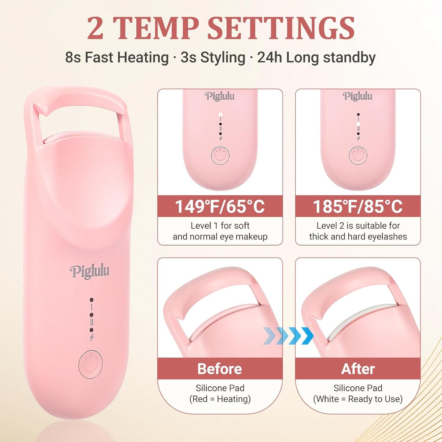 Heated Eyelash Curler - Mini Electric Curler with 5s Fast Heating & 24H Long-Lasting Curl | 2-Level Temp Control, Anti-Burn Silicone Pad