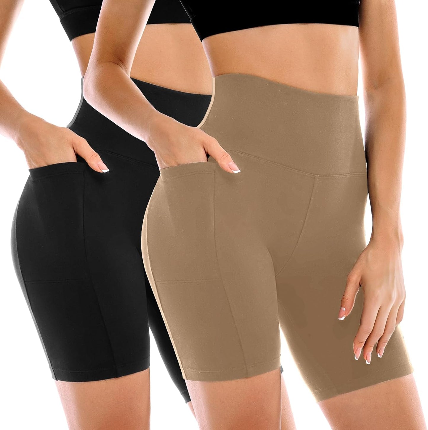 High Waisted Tummy Control Biker Shorts for Women - 2 Pack with Pockets | Yoga & Workout Gear