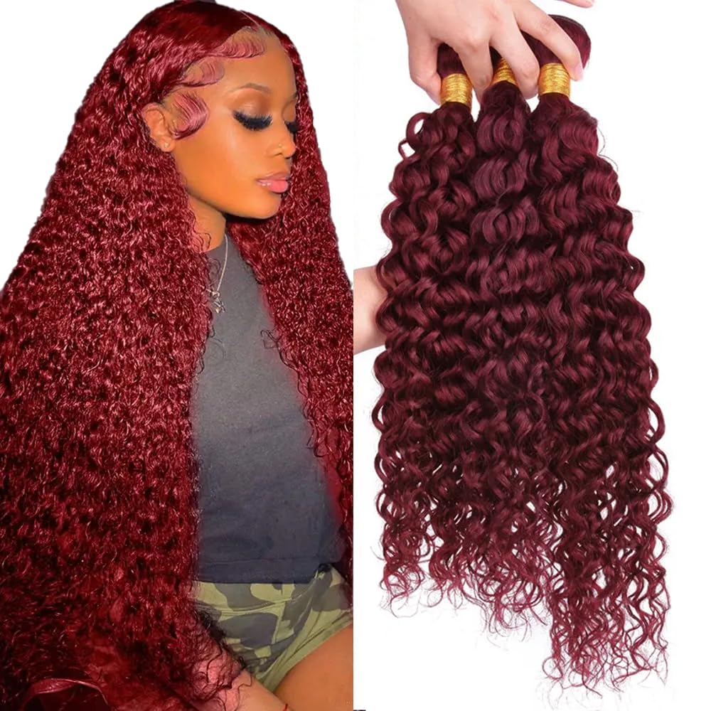 #99J Wine Red Human Hair Bundles Water Wave Bundles 24 24 24 Inch Burgundy Unprocessed Brazilian Virgin Hair 3 Bundle 50 Gram Per Bundle Deals Quick Weave Hair Extensions