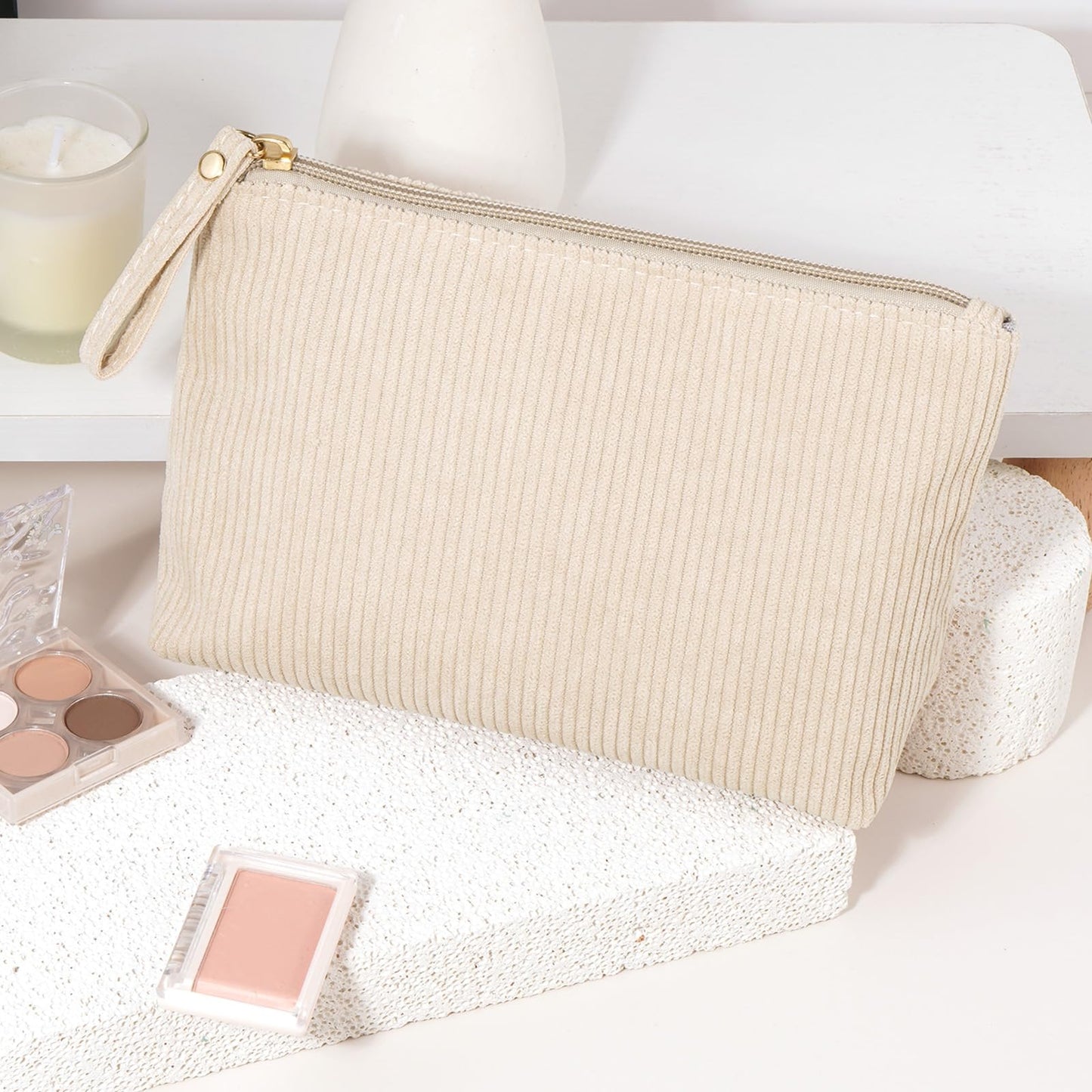 MAGEFY Small Makeup Bag, Corduroy Small Pouches for Purse Cosmetic Bag Makeup Pouches for Key Pocket Lipstick Bag Card Holder Data Cable Organizer(Beige,Small)