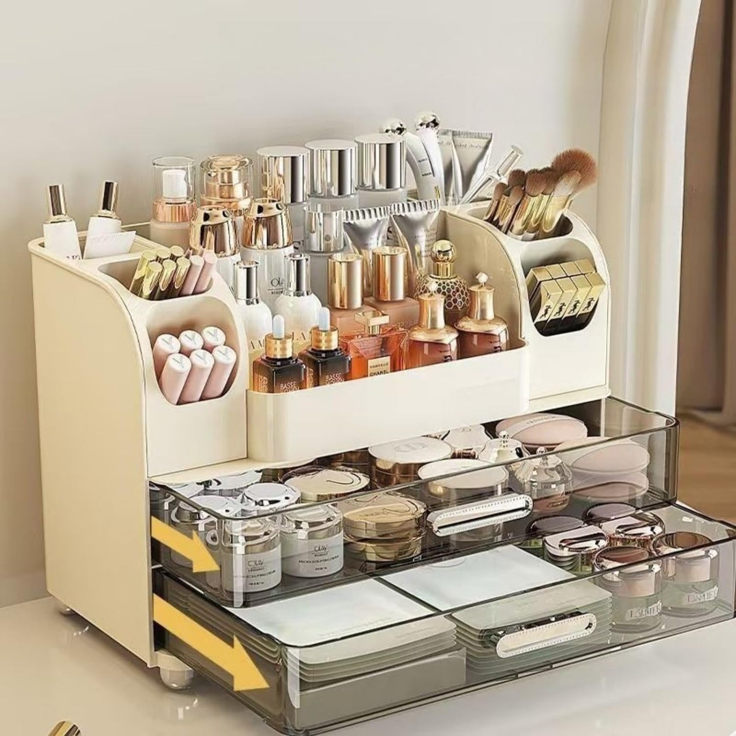 Makeup Organizer with Drawers - Vanity & Bathroom Countertop Storage for Brushes, Skincare, Lipstick | Cream Color
