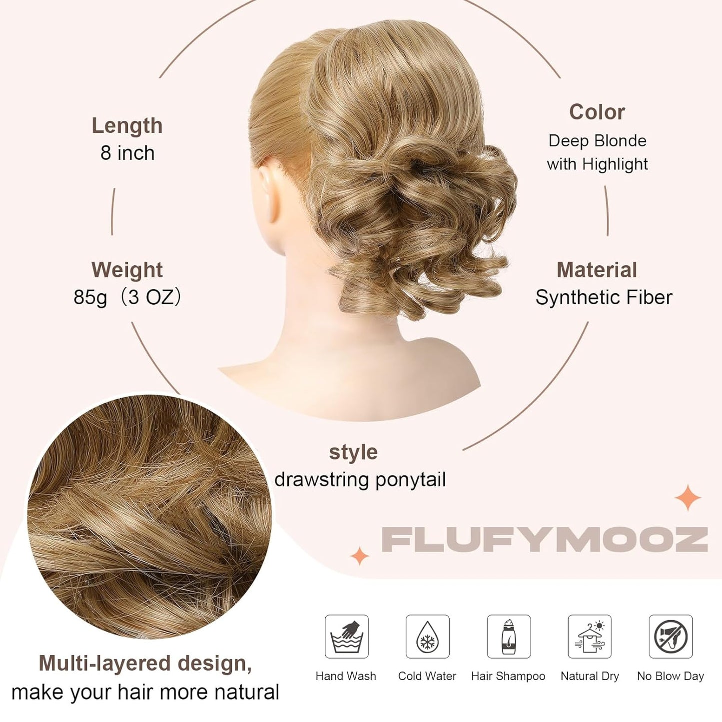 Ponytail Extension - 8" Short Curly Drawstring Hairpiece for Women | Deep Blonde with Highlights