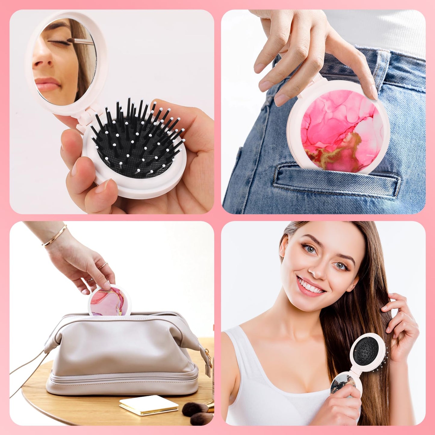 Mengduxd Mini Makeup Mirror Comb, Compact And Foldable, Portable, Women's Handbag Essential, Travel Essential Compact Comb (Pink Marble)