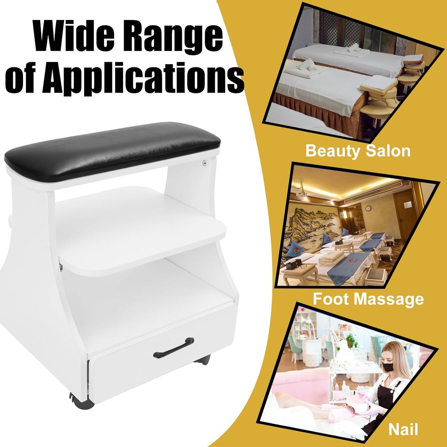 Portable Pedicure Foot Rest - Rolling Spa Trolley for Nail Tech | Black Manicure Stool with Wheels