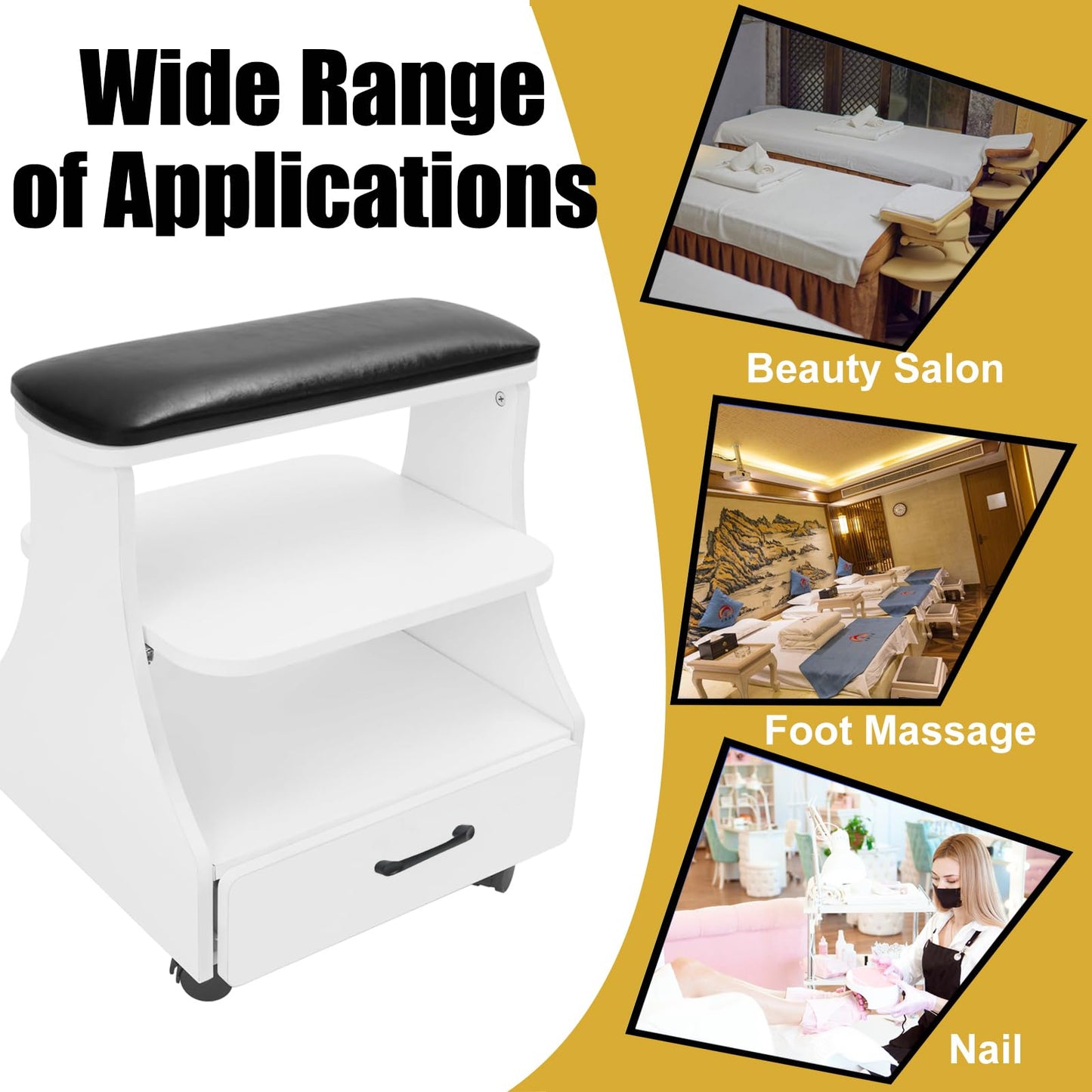 Rindaix Portable Pedicure Foot Rest with Wheels, Pedicure Stool, Trolley for Foot Bath, Spa Cart, Nail Stand, Manicure Furniture for Beauty Salon or Nail Tech Spa, Massage Station (Black)