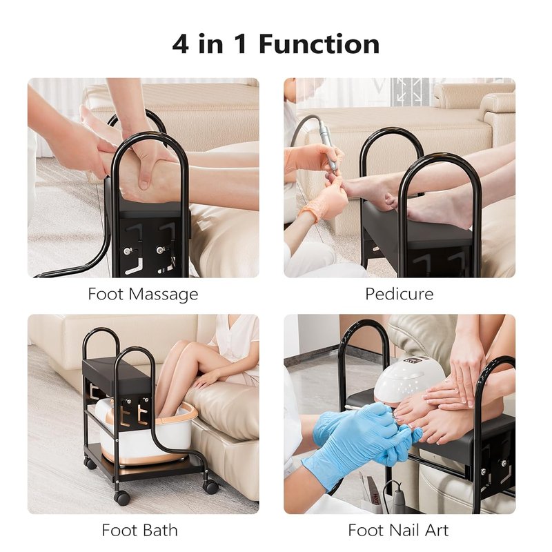 Pedicure Cart - Adjustable Height Foot Bath Trolley with PU Cushion | Portable Nail Esthetician Cart for Manicure & Massage (Black)
