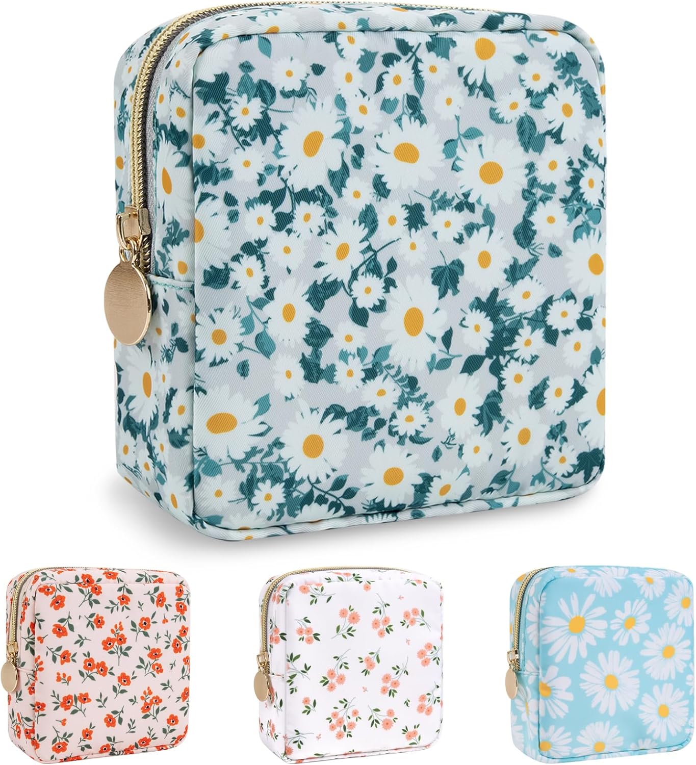 Floral Makeup Bag - Nylon Travel Cosmetic Organizer | Waterproof Zipper Pouch for Women (Green-Daisy)