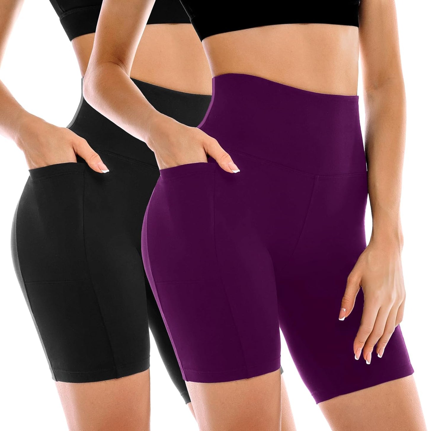 High Waisted Tummy Control Biker Shorts for Women - 2 Pack with Pockets | Yoga & Workout Gear
