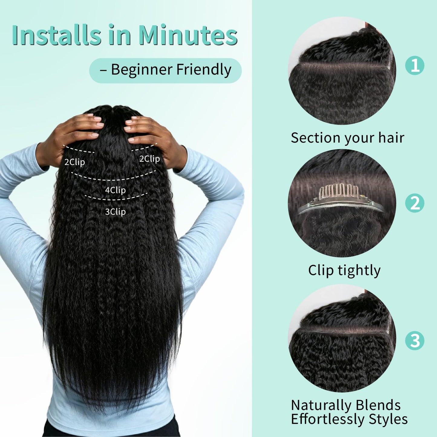 EclatWigs Human Hair Clip in Extensions, 7 Pcs Kinky Straight Hair 120g, 18 Inch Natural Black, Clip in Hair Extensions, Brazilian Remy Hair Extensions for Women