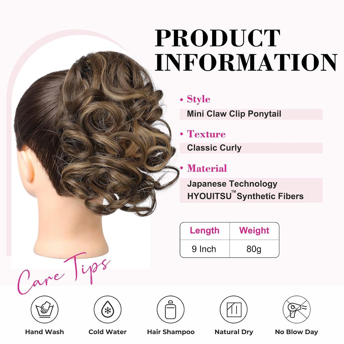 Ponytail Extension - 9" Short Curly Wavy Claw Clip Hairpiece | Chocolate Brown with Highlights