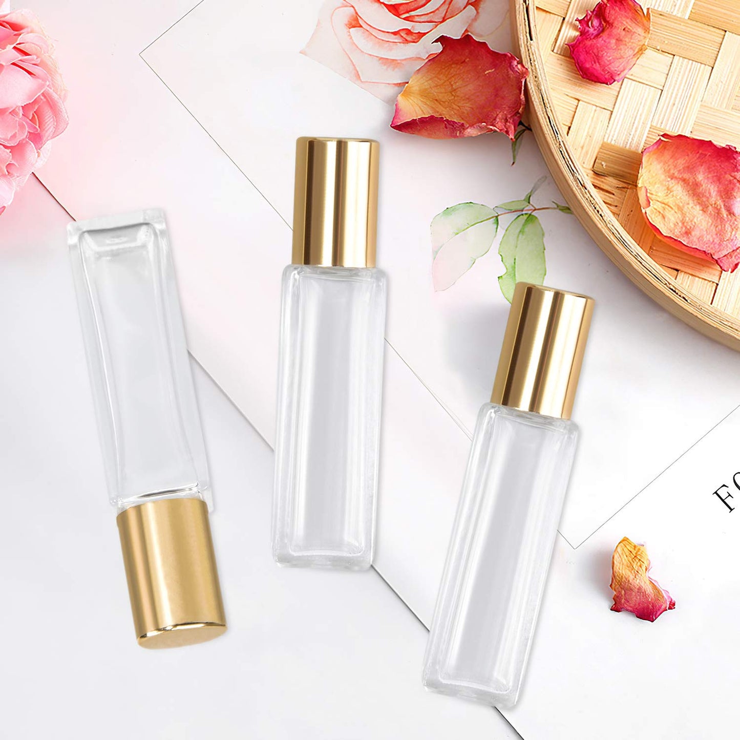 Refillable Glass Roller Bottles - 4 Pack Thick Square Essential Oil Containers | 1/3oz (10ml)