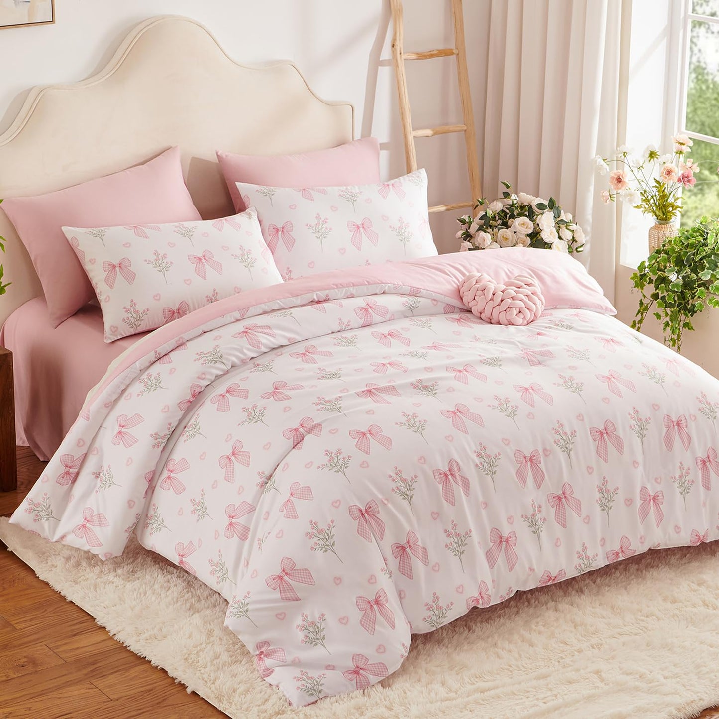 Nayoroom Pink Bow Comforter Set Full Size Coquette Pink Floral Comforter 3 Pieces Soft Lightweight Kids Girls Cute Aesthetic Dorm Bedding Set for All Seasons