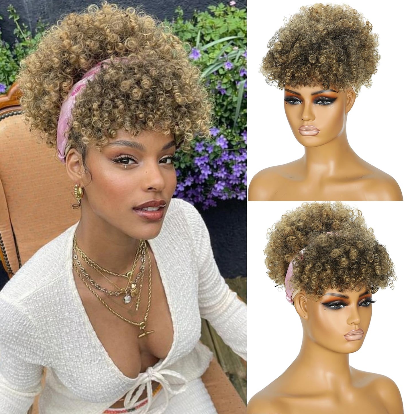 Kinky Curly Brown Mohawk Wig - Short Synthetic Ponytail Extension with Bangs | Fluffy Hair for Daily & Party Use 1B/30