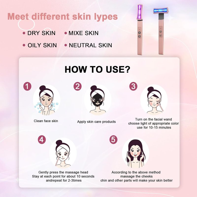 Red Light Therapy Face Wand - 6-in-1 LED Skin Treatment Device | Portable Facial Massager with Vibration & Microcurrent