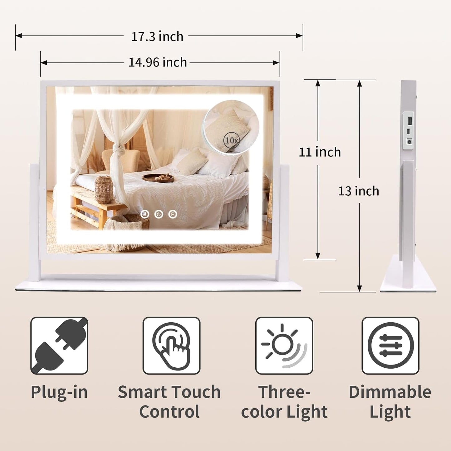 Lighted Makeup Mirror with Touch Control - 3 Color Modes, 10X Magnification & Dimmable LED | 24x19 Inch Desktop Mirror
