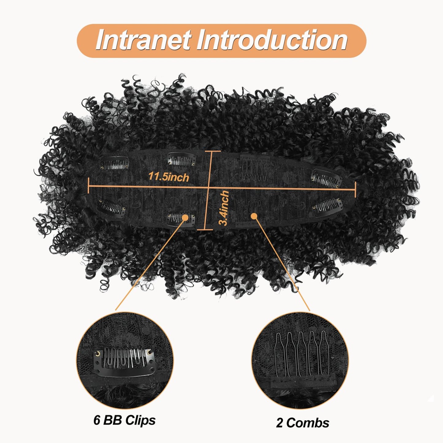 Kinky Curly Mohawk Wig - Short Synthetic Clip-On Ponytail Extension with Bangs | Fluffy Natural Hair for Daily & Party Use - Color 1B
