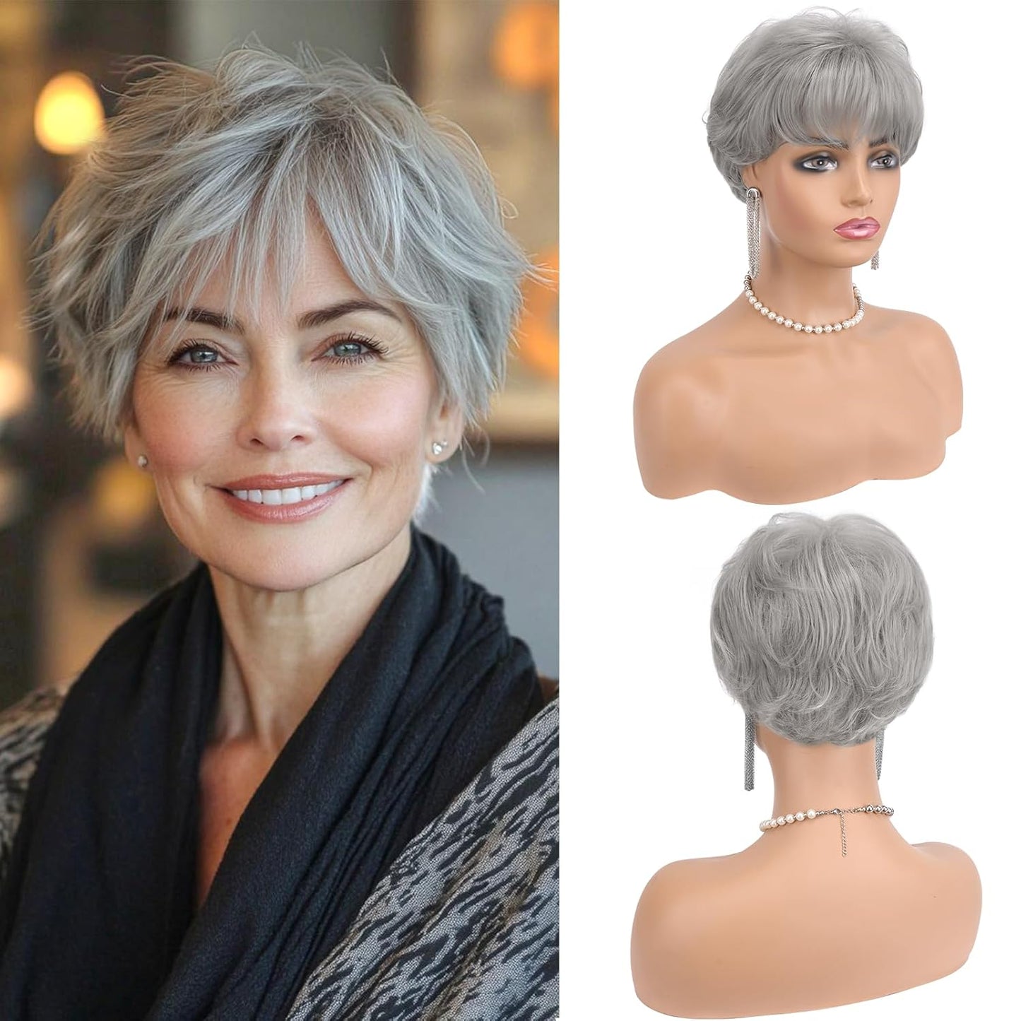 Grey Pixie Wigs for Women - Short Natural Layered Synthetic Hair | Heat Resistant Daily Wear
