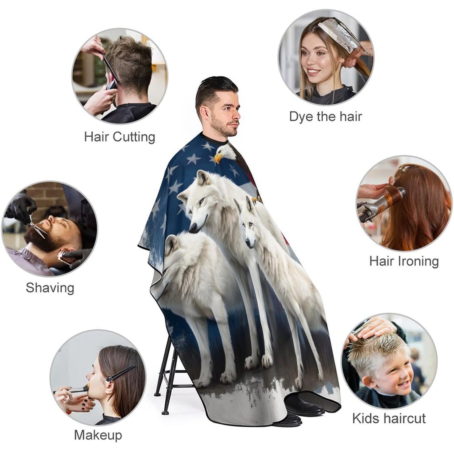 Stylish Professional Hair Cutting Cape Fashionable Salon Barber Cape with Adjustable Closure Wolves and Eagles Wolf American Flag