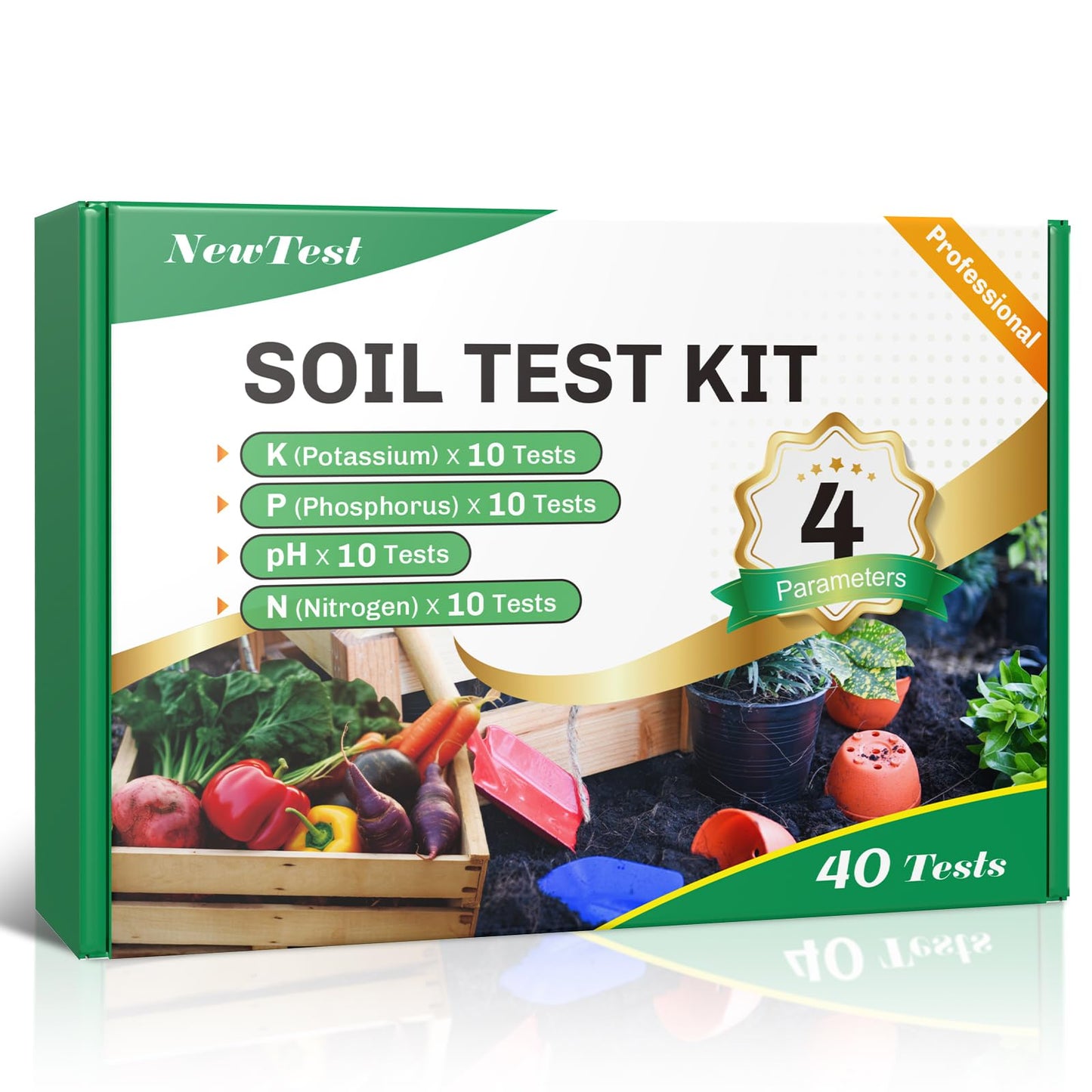 NewTest Soil Test Kit 4 Parameters: Professional Accurate 40 Tests Soil Testing Kits for Lawns Gardening Vegetable Garden for pH Nitrogen Phosphorus Potassium - Soil Tester for Garden Nutrients (40)
