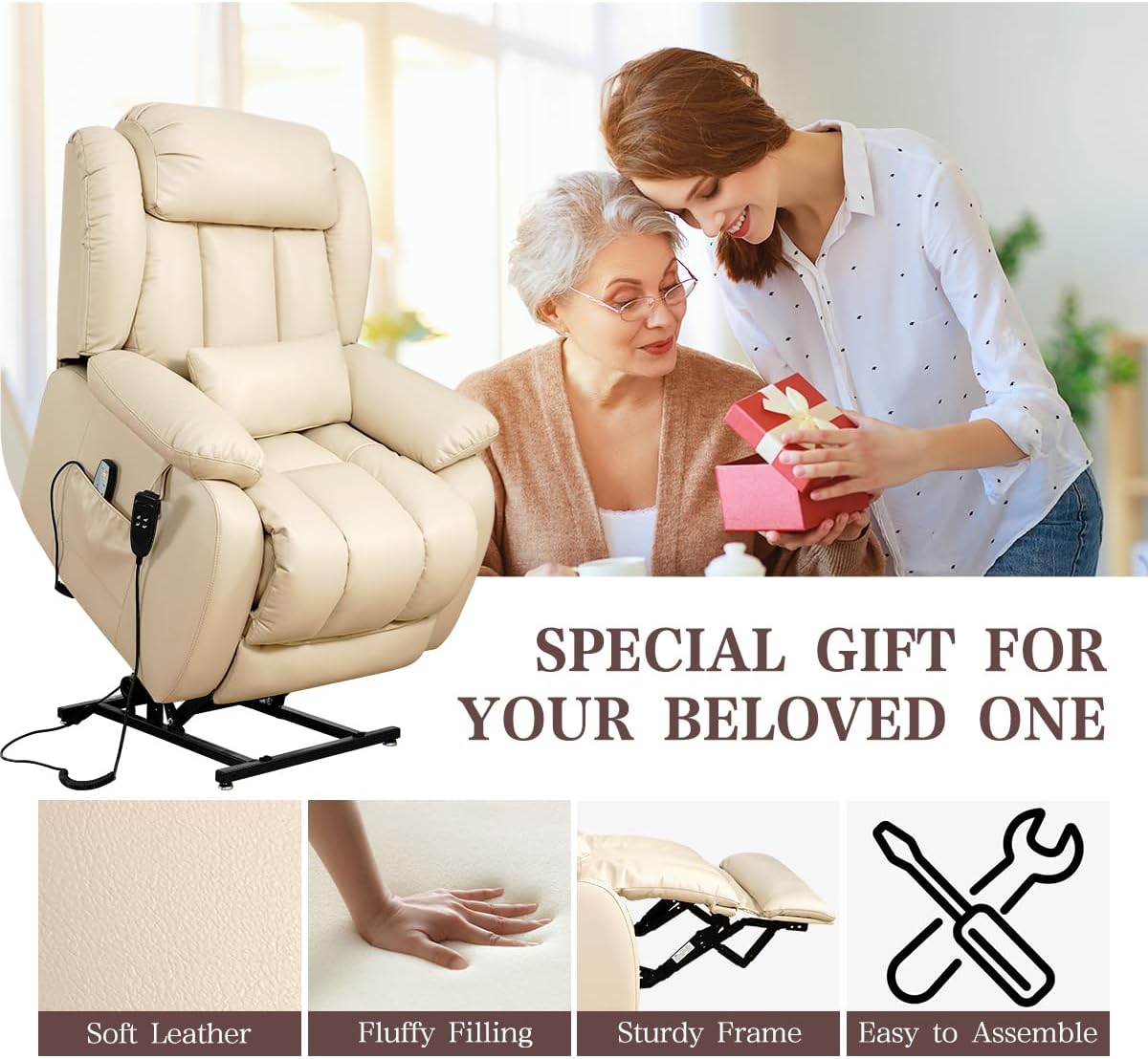 Infinite Position Lift Recliner Chair - Dual Motor Power with Massage & Heating | Extended Footrest, USB Ports, Remote Control, Beige Leather