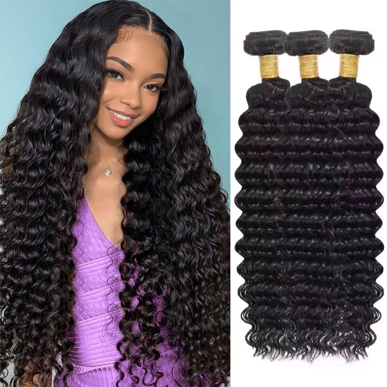 Human Hair Bundles Deep Wave Curly Bundle Human Hair Brazilian Virgin Hair 18 18 18 Inch 3 Bundles for Women 10A Grade Unprocessed Deep Curly Hair Bundle Weave Extensions Natural Black