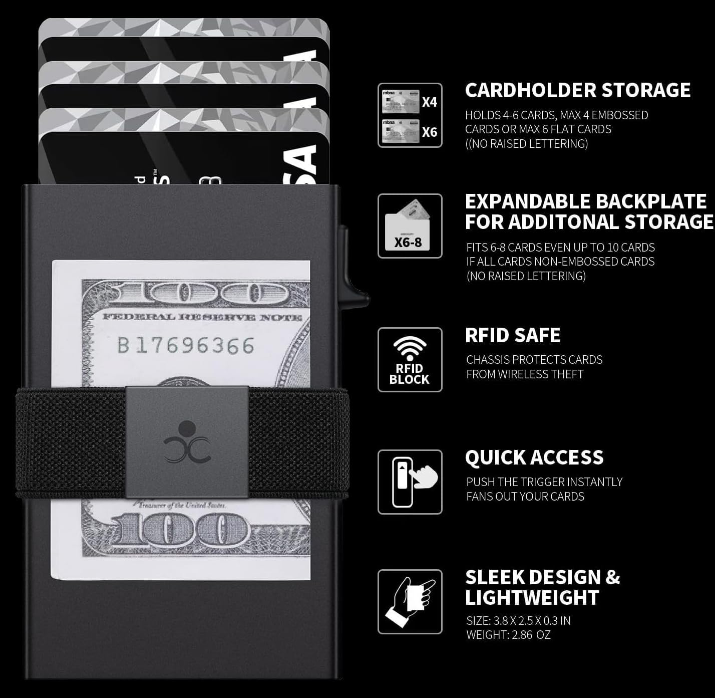 Slim Aluminum Card Holder Wallet - RFID Blocking Minimalist Design | Holds 12+ Cards & Cash - Black
