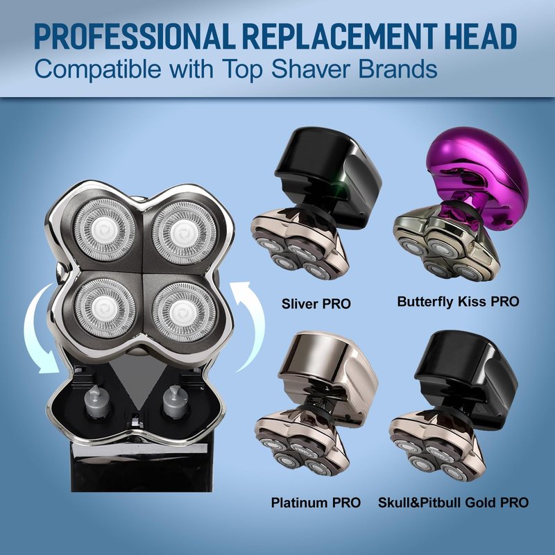 2 Pack Pro 4 Replacement Blades Compatible with Skull & Pitbulls Shaver Head Gold PRO, Silver PRO, Platinum PRO, Butterfly Kiss PRO | Floating 4 Heads Electric Razor Refills + 1 Cleaning Brush