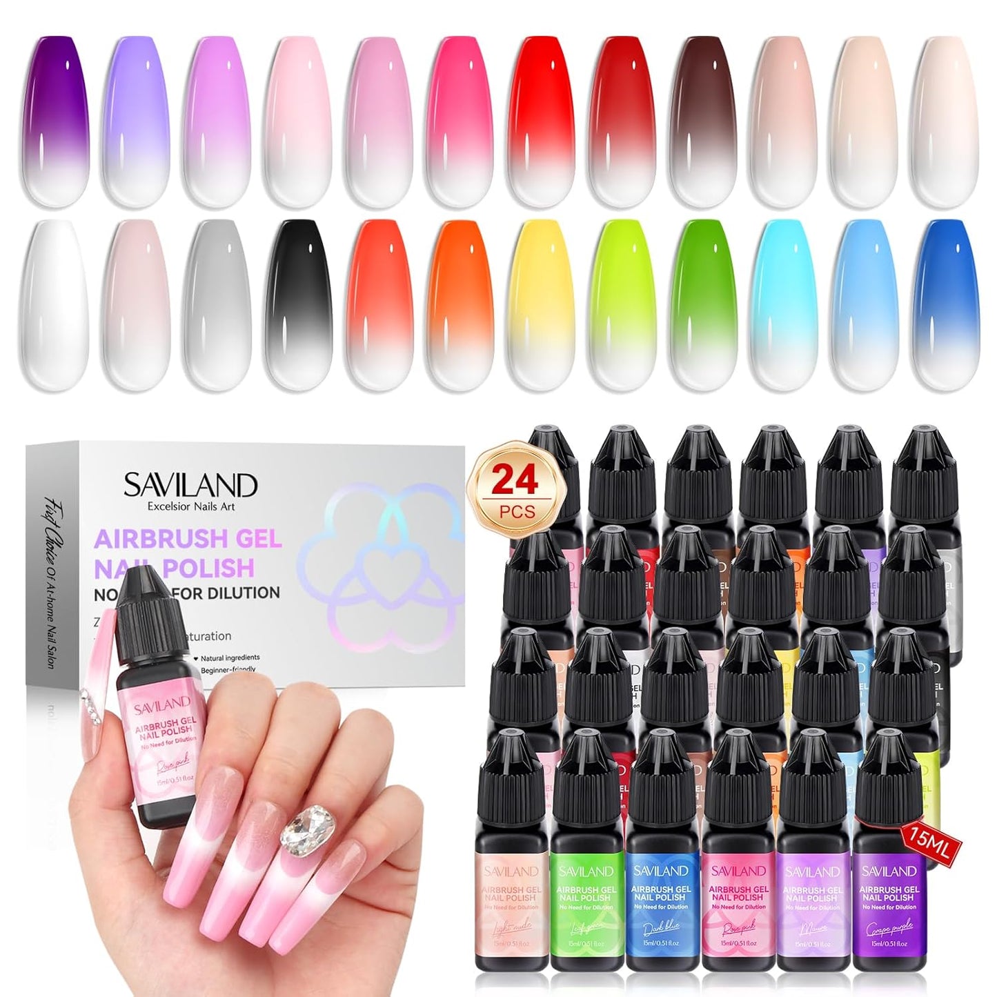 SAVILAND Airbrush Gel Nail Polish - 24 Vibrant Colors, Dilution-Free & Non-Acetone | Perfect for Gradients & Blush Nails