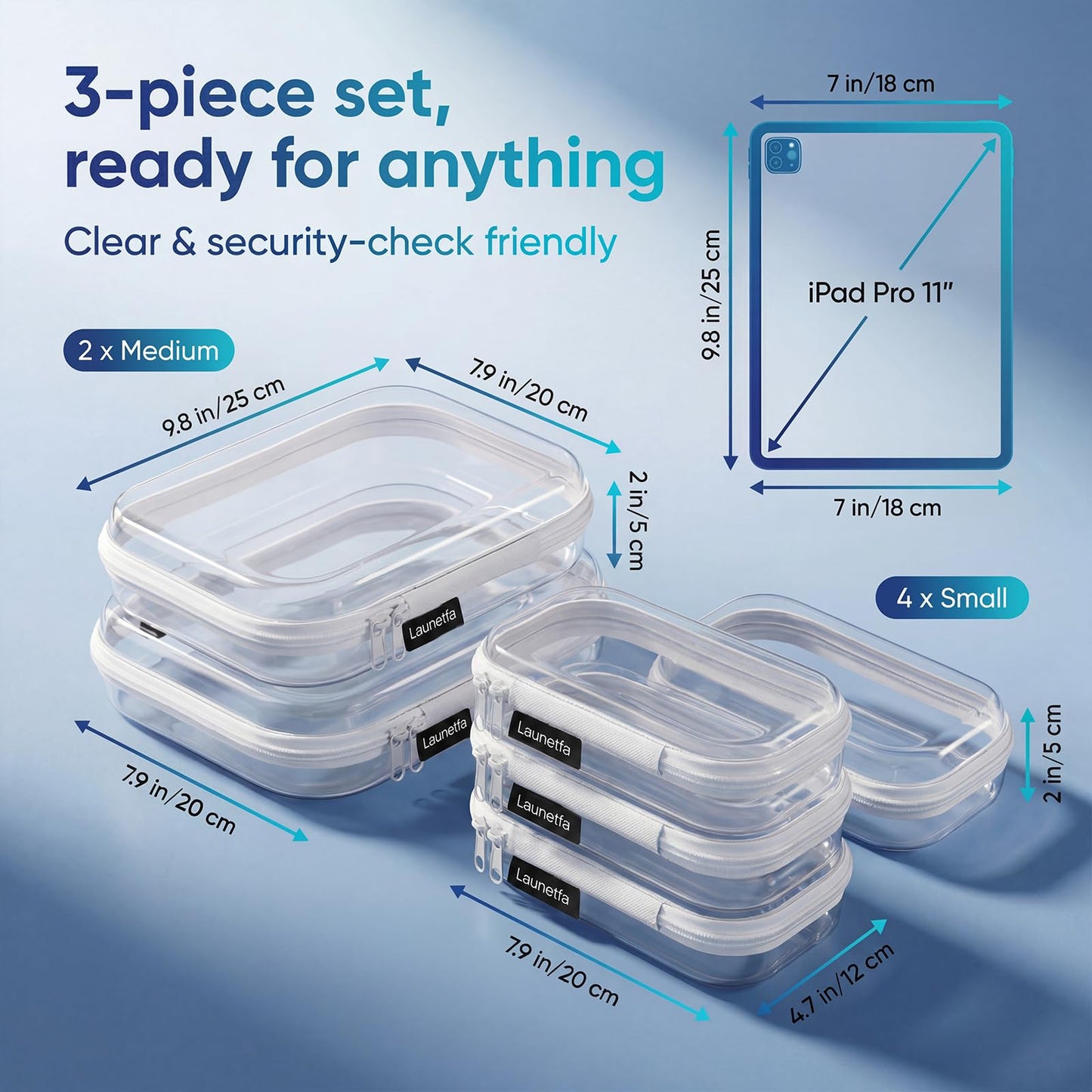 Launetfa 6 Pack Clear Hard Shell Zipper Case, 2 Medium 4 Small Hard Plastic Organizer Case for Travel, Skincare, Makeup, Electronics, Cables and Small Items, Clear Zipper Pouches