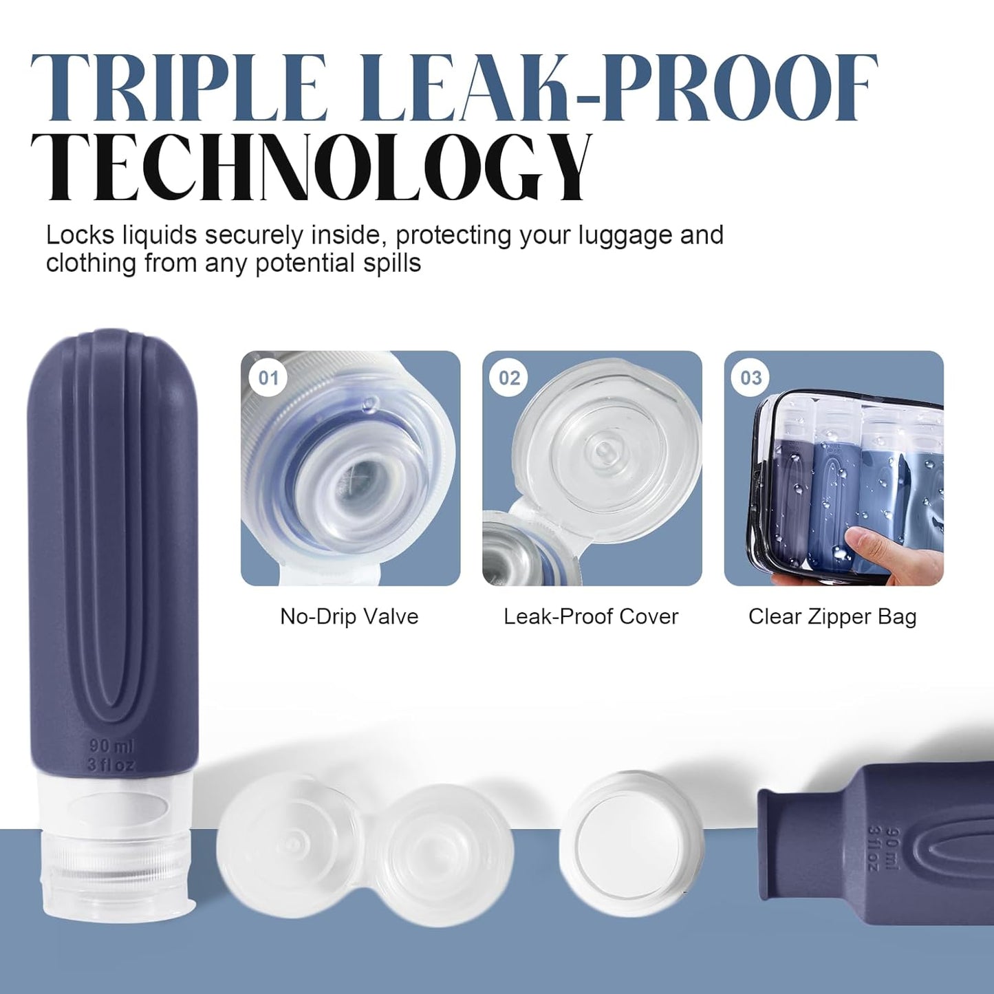 Travel Bottles for Toiletries - 3oz Silicone Leak-Proof Containers | TSA Approved, Squeezable Essentials (Blue)