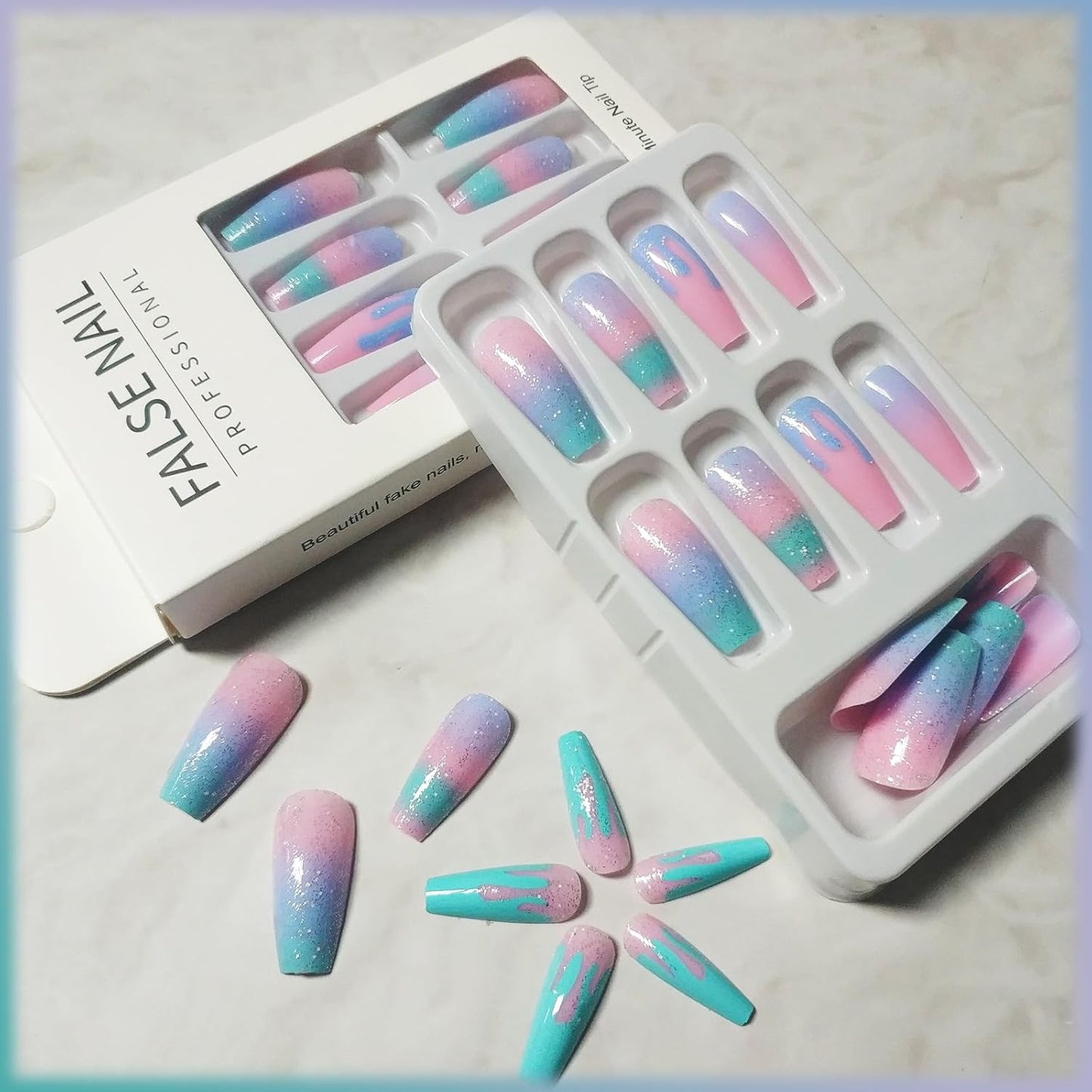 Rainbow Gradient Coffin Nails - 24Pcs Macaron Design Acrylic Glitter Manicure | Medium Glossy Finish