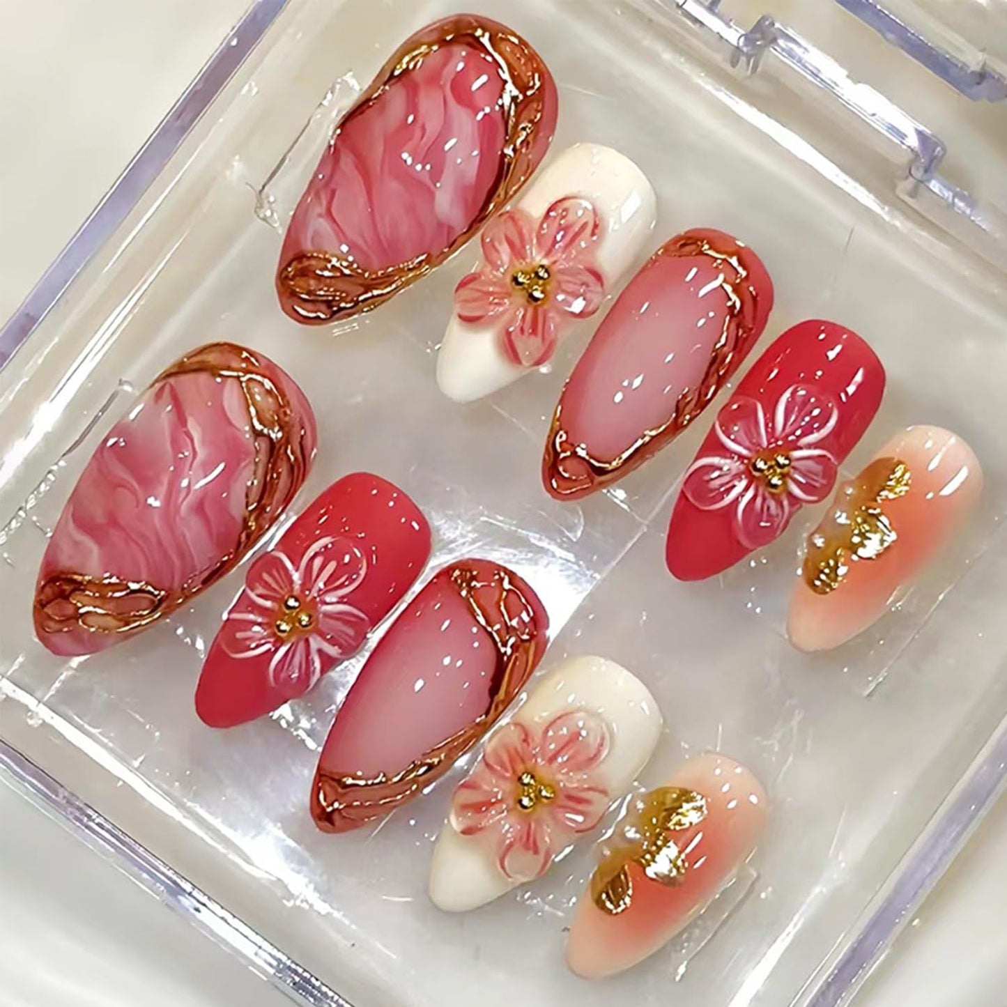 Press-On Nails - 30 Pcs Pink Flower French Tip Design | Short Almond 3D Floral Full Cover Acrylic Set