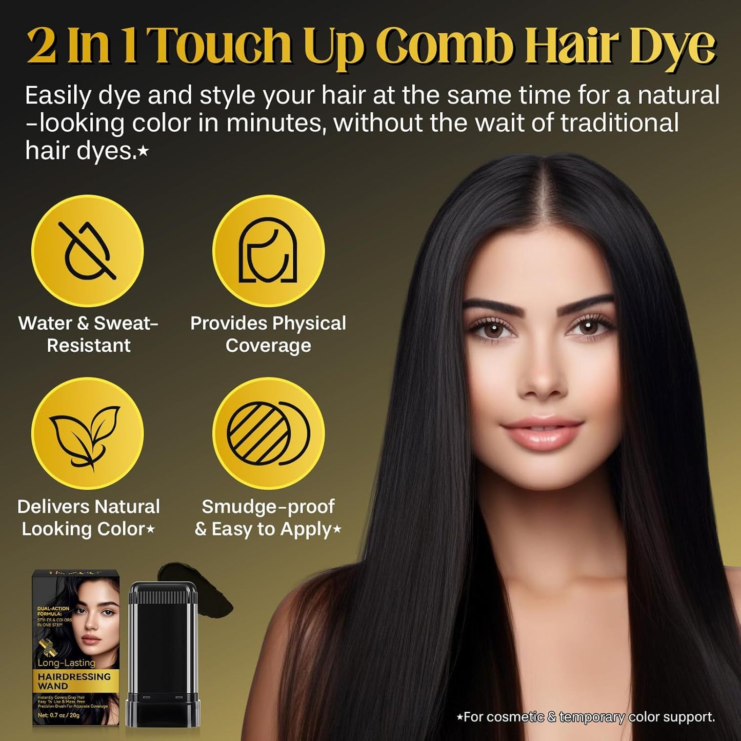 Hair Color Stick - 2-in-1 Instant Dye for Gray Hair Touch-Up | Waterproof & Sweat-Proof, 2-Pack (Black)