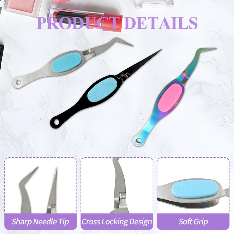 3PCS Reverse Tweezers Craft Tweezers with Soft Grip Crossing Lock for Crafting Precision Tools for Stickers, Jewelry Repair, and DIY Projects (Straight & Curved Tips)