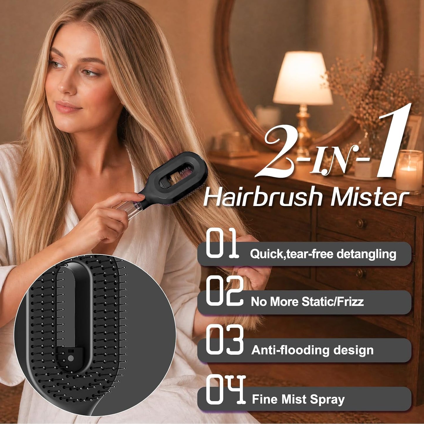 Professional Black Hair Brush with Water Spray - Fine Mist Detangling Tool for Thick Curly Hair | Wet & Dry Styling