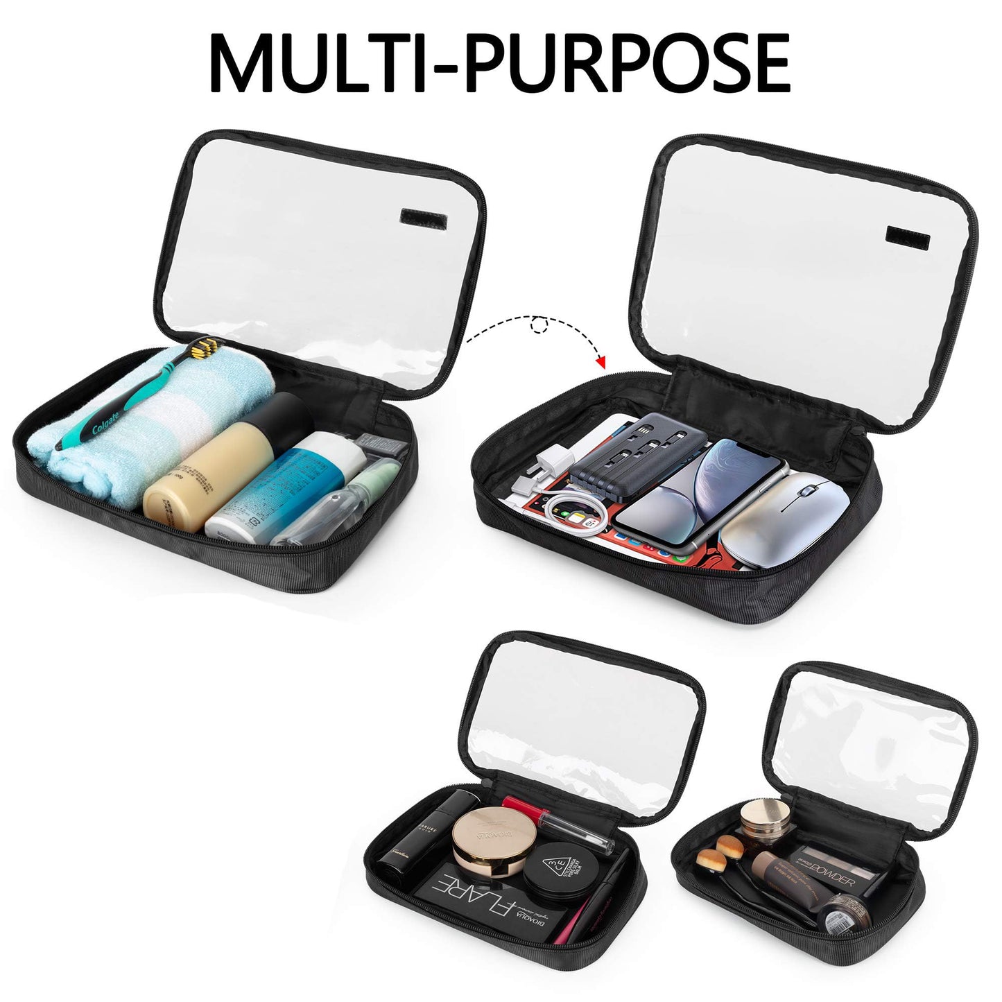 Damero 4pcs Clear Toiletry Bag Packing Cubes, Clear Toiletry Makeup Bag Organizers for Traveling, Business Trip, Black