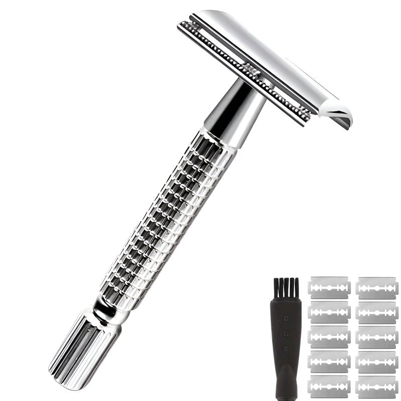 Double Edge Safety Razor for Men and Women - Butterfly Open Shaving Razor with 10 Stainless Steel Blades, Precision Shaving, Durable, Eco-Friendly 12-Piece Kit