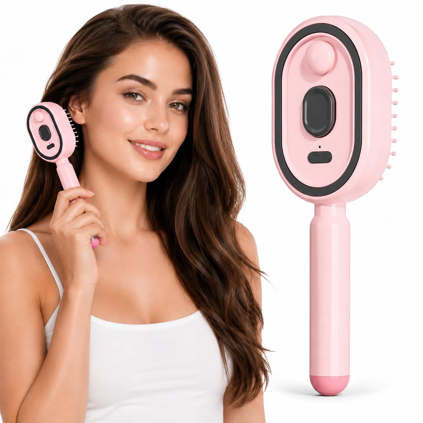 Electric Spray Air Cushion Massage Comb, Rechargeable Mist Hair Brush, Self-Cleaning Anti-Tangle Detangling Brush, Anti-Static Scalp Massager Styling Comb for Dry Frizzy Hair (Pink)