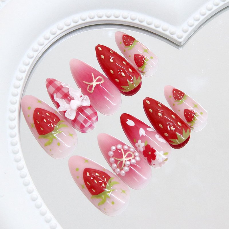 Strawberry Flower Press-On Nails - 24Pcs Medium Almond Acrylic Nails with 3D Heart Pearls & Bow Charms | Pink Gradient Glossy