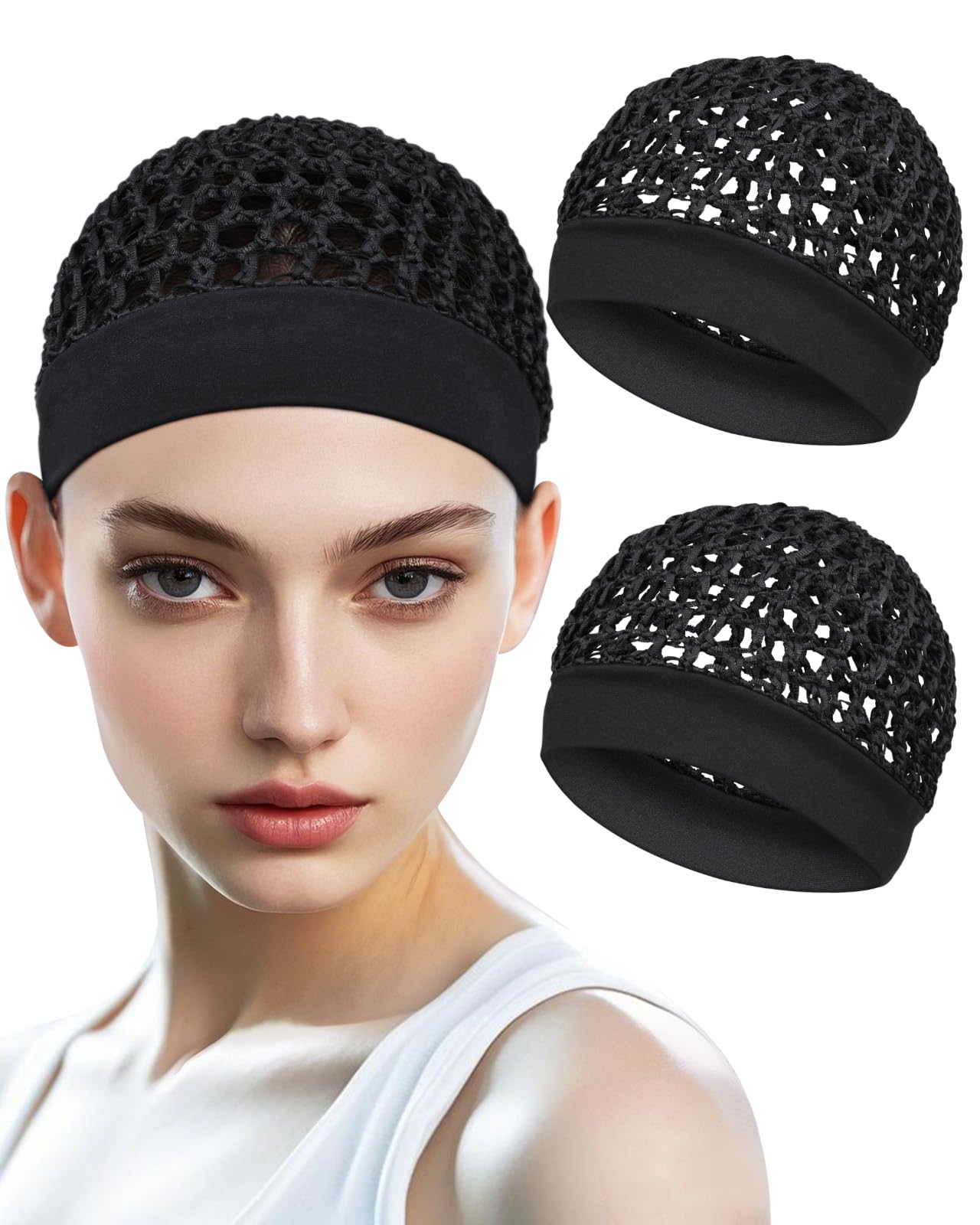 2 Pieces Comfortable Elastic Knit Hair Net for Sleeping & Silk Press - No Red Marks, Tubi Hair Warp Mesh Snood Cap for Women(Black)