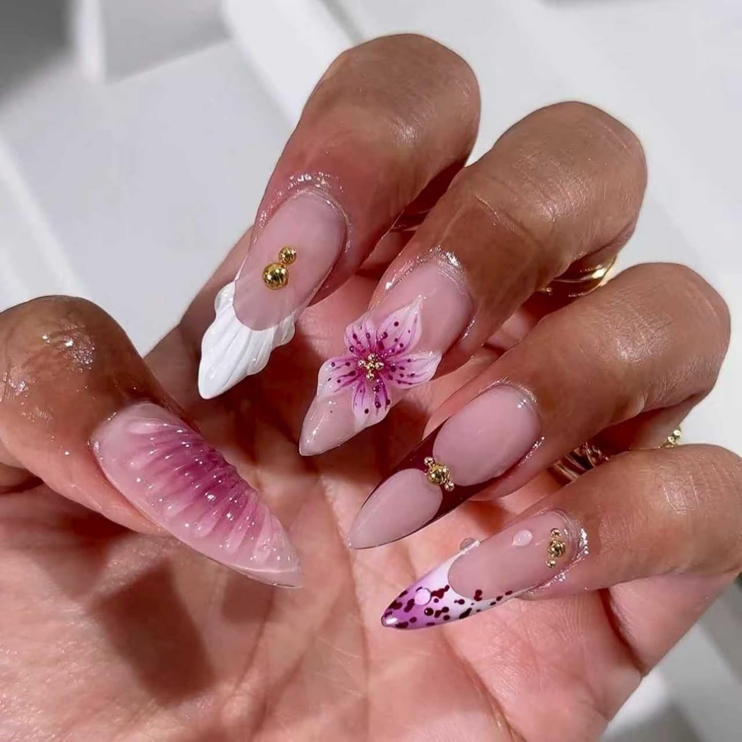 Almond Press-On Nails - Ombre French Tip with Butterfly Designs | 24 Pcs Set for Women