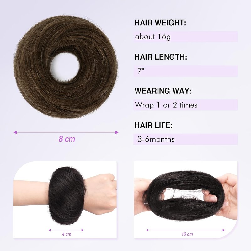 Human Hair Bun - 100% Real Human Hair Messy Bun Piece | Fluffy Donut Updo for Women - Dark Brown, 16g