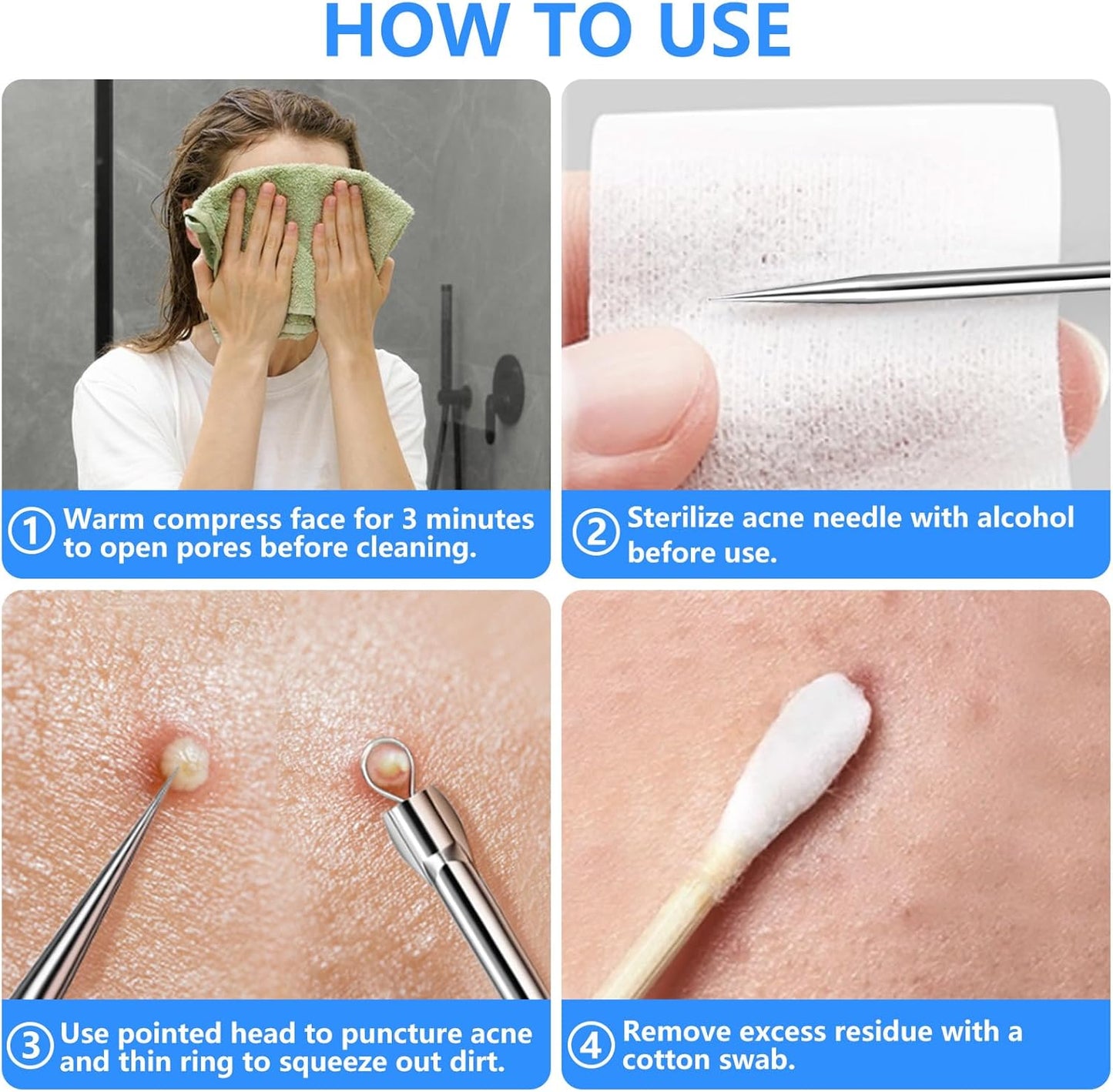 Blackhead Remover Kit - 5PCS Professional Stainless Steel Comedone Extractors for Acne & Blemish Removal | Curved Tweezers Included