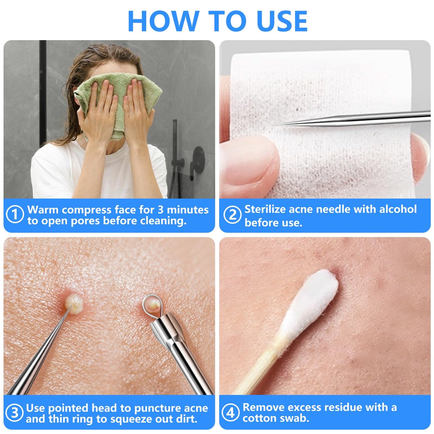 AskBed 5PCS Blackhead Remover Comedone Extractor Kit - Professional Stainless Steel Tools for Pimple, Acne, and Blemish Removal - Curved Tweezers Included