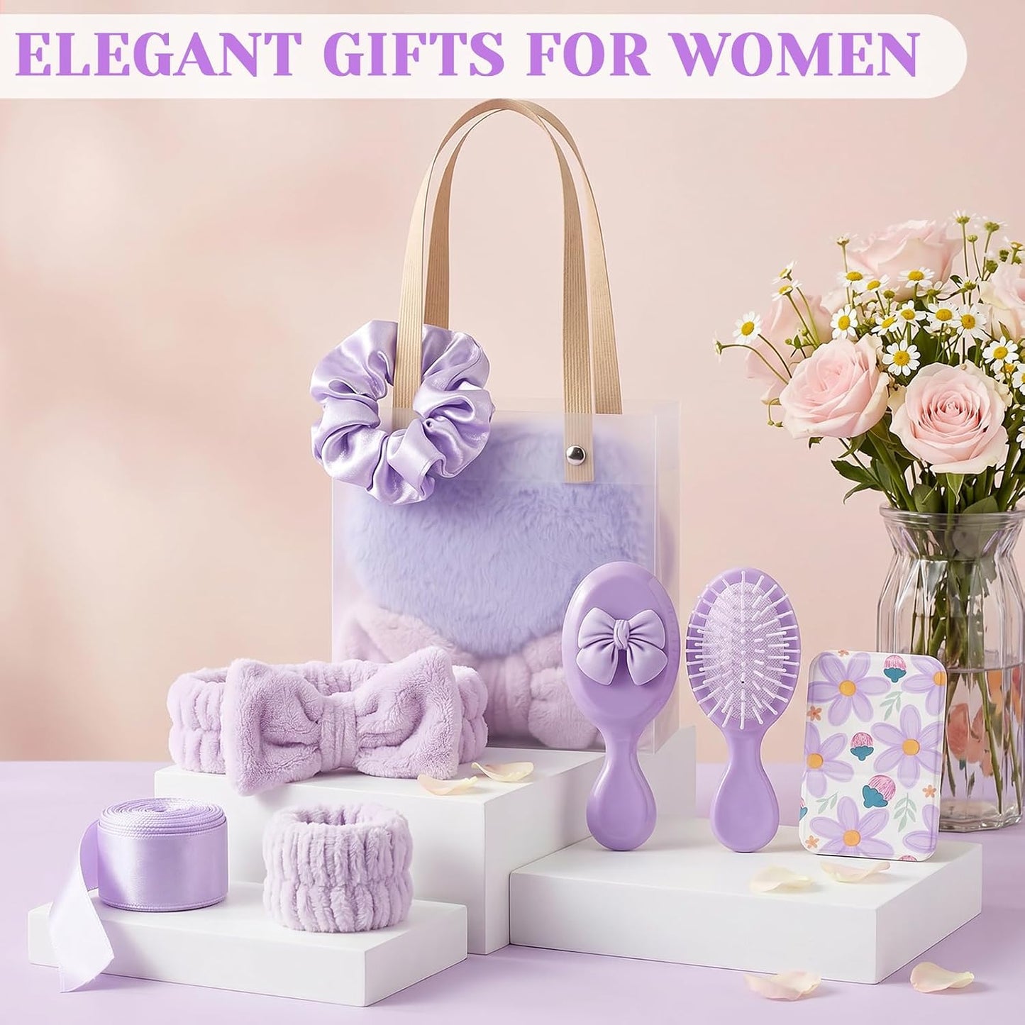 Spa Party Favors Set - 65 Pcs Bridesmaid Proposal Gifts | Skincare Headband, Eye Mask, Hair Comb & More - Purple